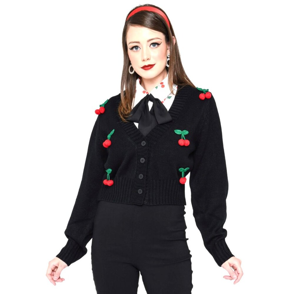 NEW Smak Parlour Black Cherries Cropped Knit Cardigan size medium large